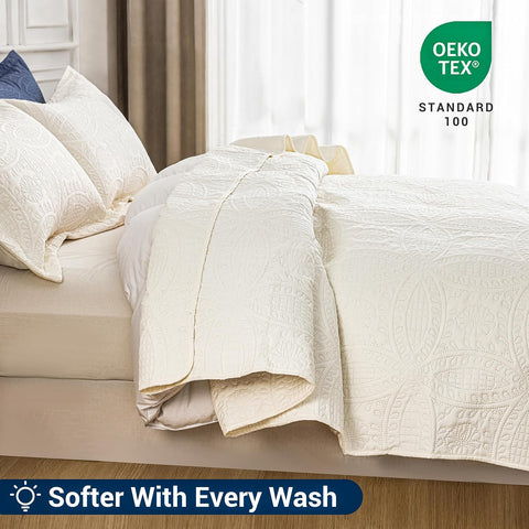 SheRest King Quilt Bedding Set - Soft Breathable Bed Quilt, Modern Style Embossed Bedspreads, Lightweight Microfiber Reversible Coverlet for All Seasons, Cream, 3 Pieces (1 Quilt,2 Pillow Shams)