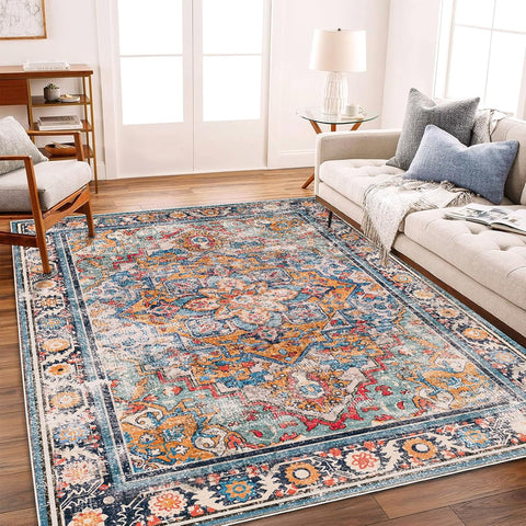 CHAMPLANT 6'x9' Washable Vintage Area Rug Boho Chic Medallion Distressed Design Non-Shedding Easy Care Ideal for High Traffic Areas in Living Room Bedroom Kitchen Office Large Carpet