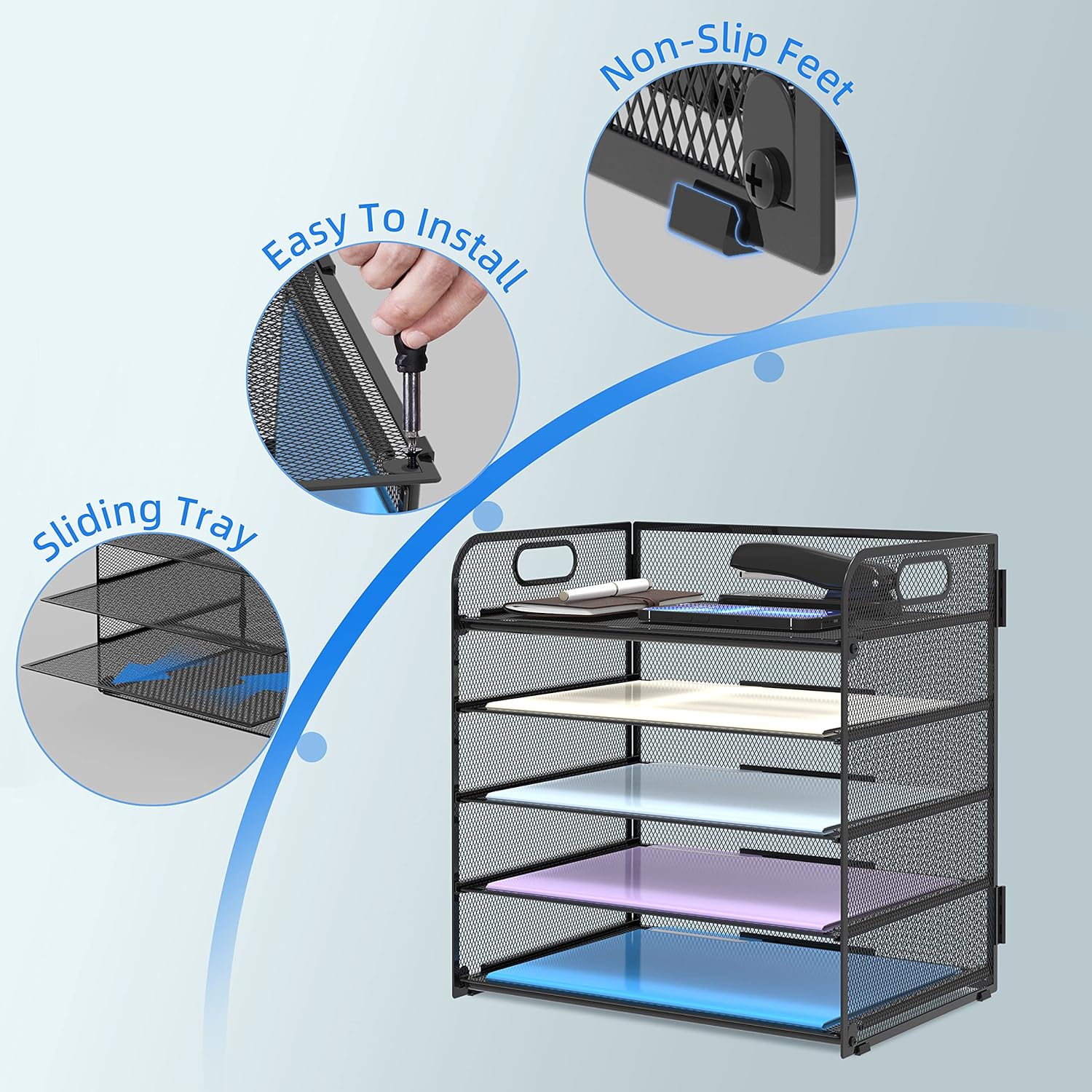 Supeasy 5 Trays Paper Organizer Letter Tray with Handle-Mesh Desk File Holders, Paper Sorter Desk Organizer for Office, Home, Classroom or School