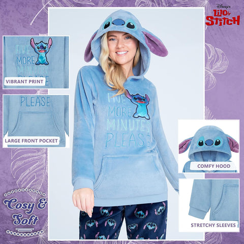 Disney Stitch Womens 2Pc Fleece Pajama Set, Plush Loungewear with Hood, Minnie Eeyore Simba S–XL Sleepwear Gifts for Women