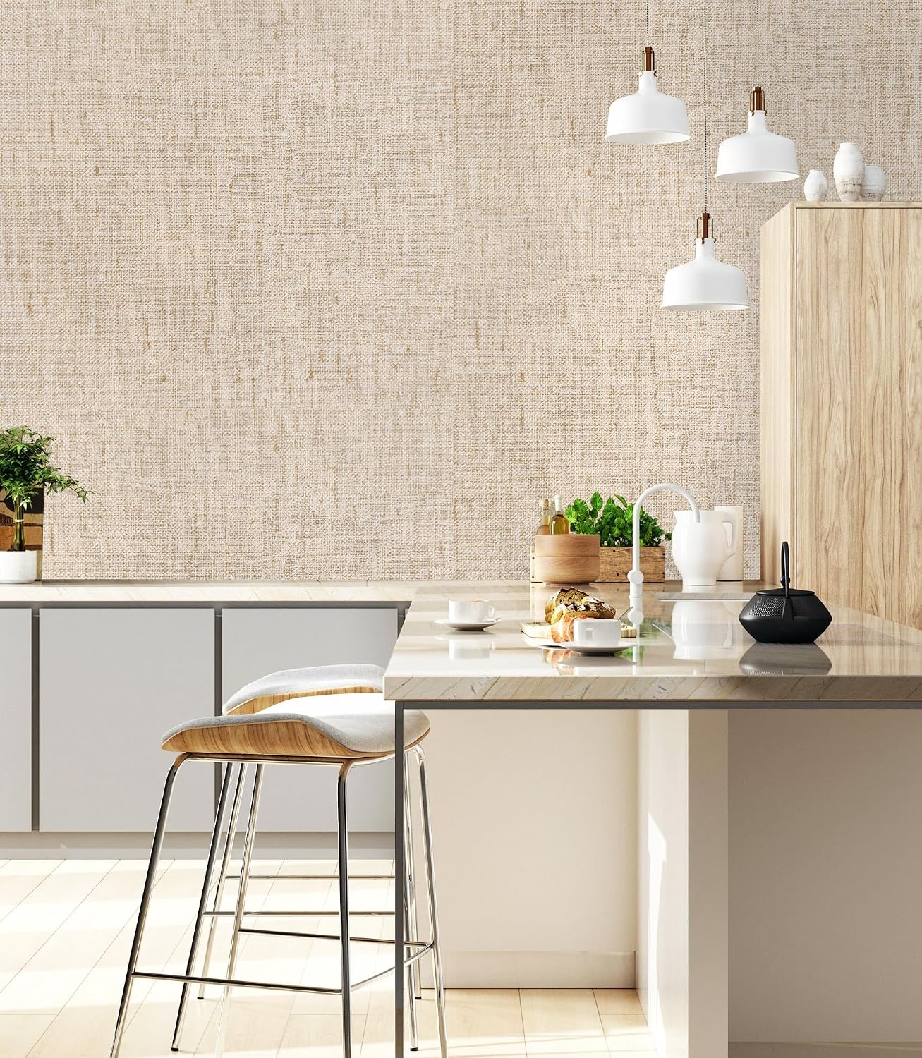 Beige Grasscloth Peel and Stick Wallpaper Textured 15.7in x 787.4in
