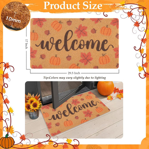 Fall Welcome Door Mat for Front Door, Pumpkin & Maple Leaves Doormat Design