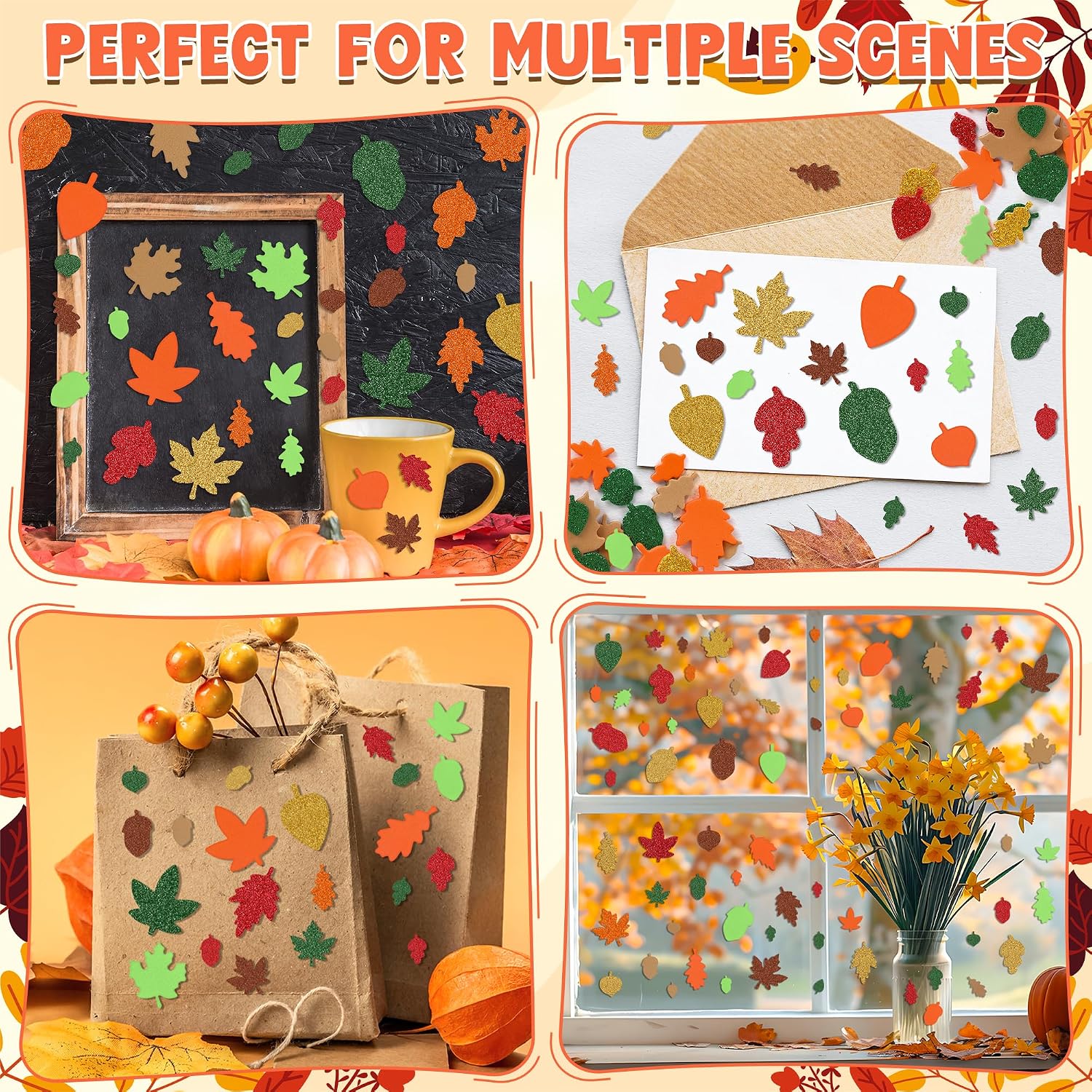 300 Pcs Fall Foam Stickers, Glitter Maple Leaf Crafts Stickers, Fall Decor