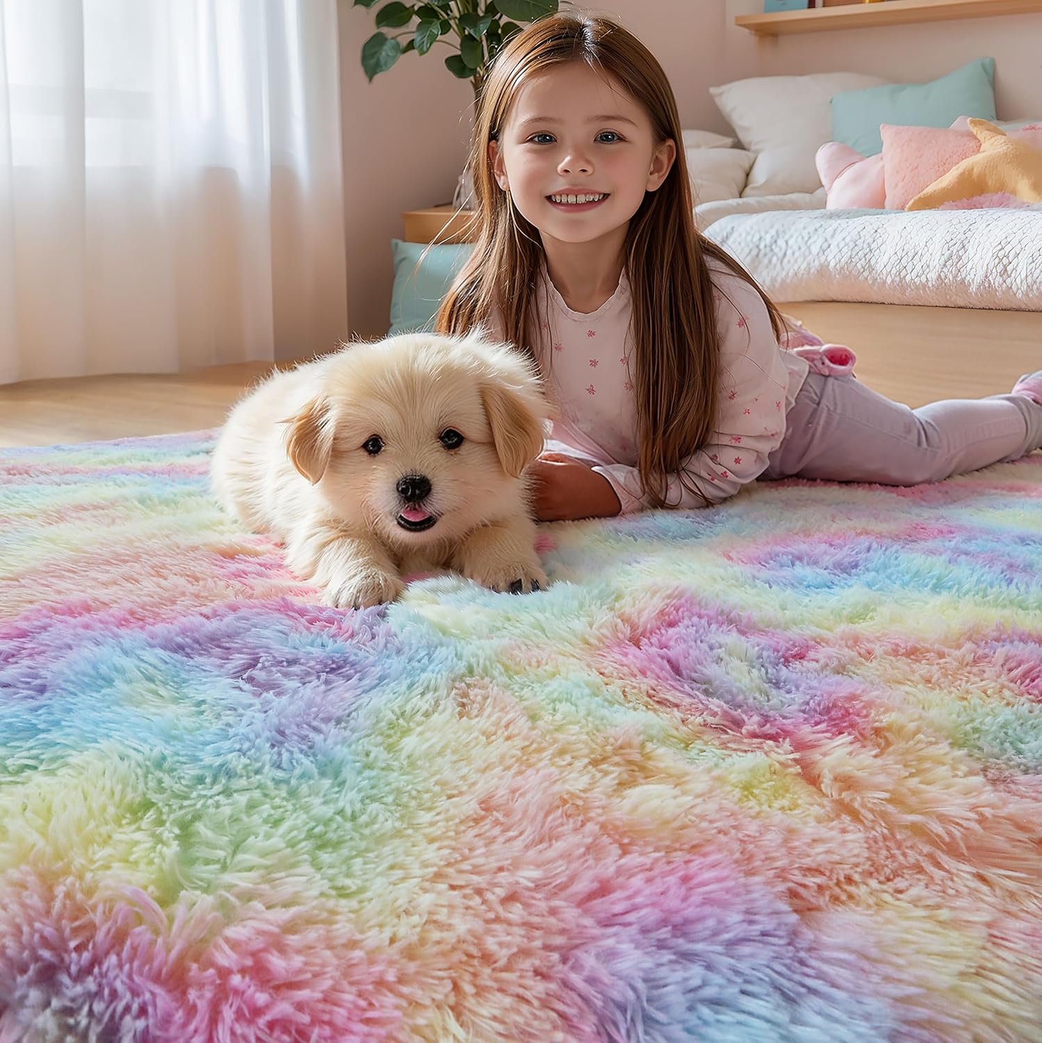 Rainbow Unicorn Shag Rug, 2'x3', Washable Non Slip Fluffy Kids Carpet