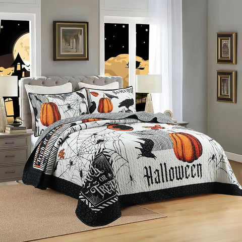 3 Pcs Halloween Pumpkin Quilt Bedspread Set (Halloween, King)