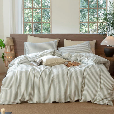 MooMee Striped Duvet Cover Set 100% Washed Cotton Linen Like King