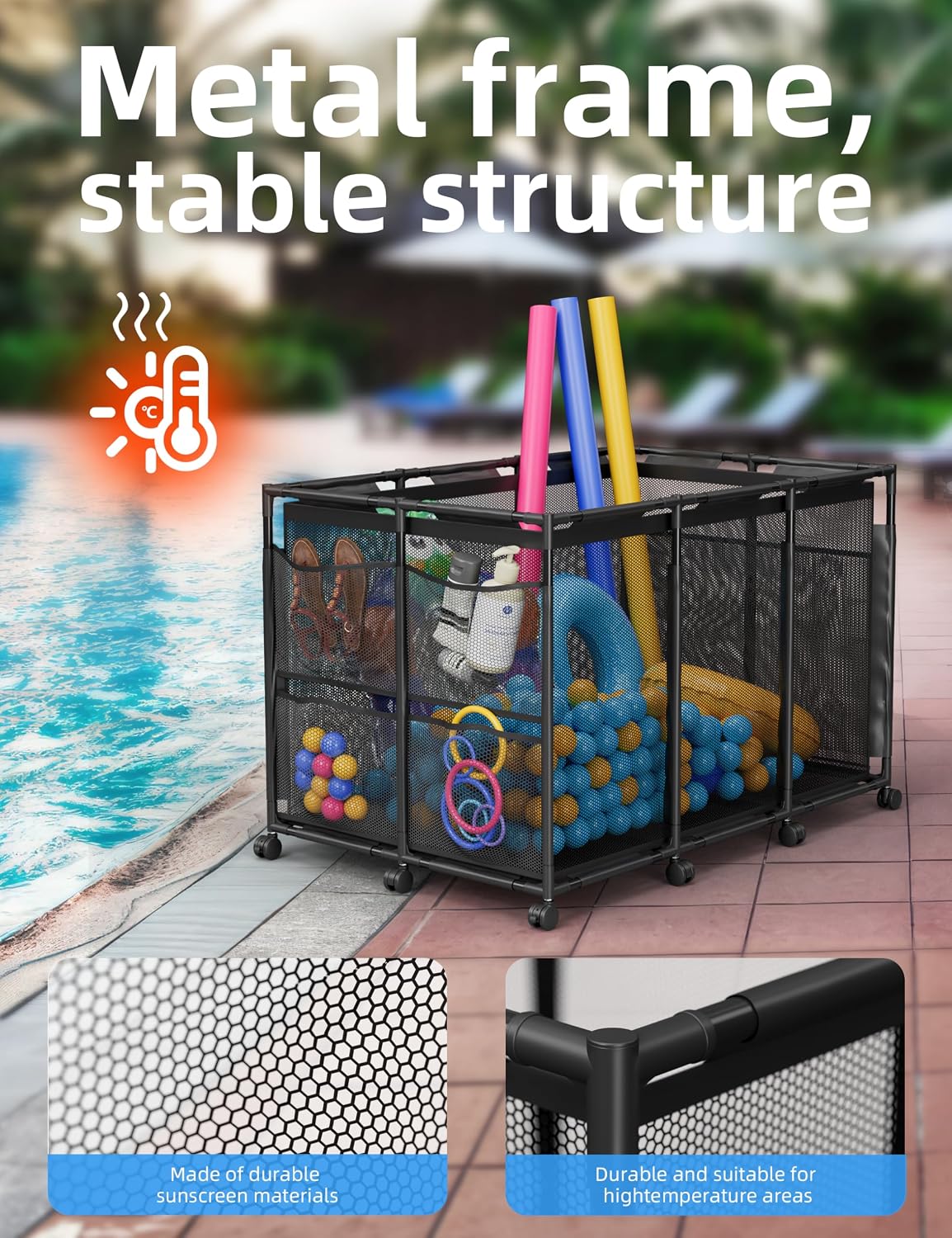 POOLHOUR XXL Large Pool Float Storage Bin, Pool Toy Organizer, Black