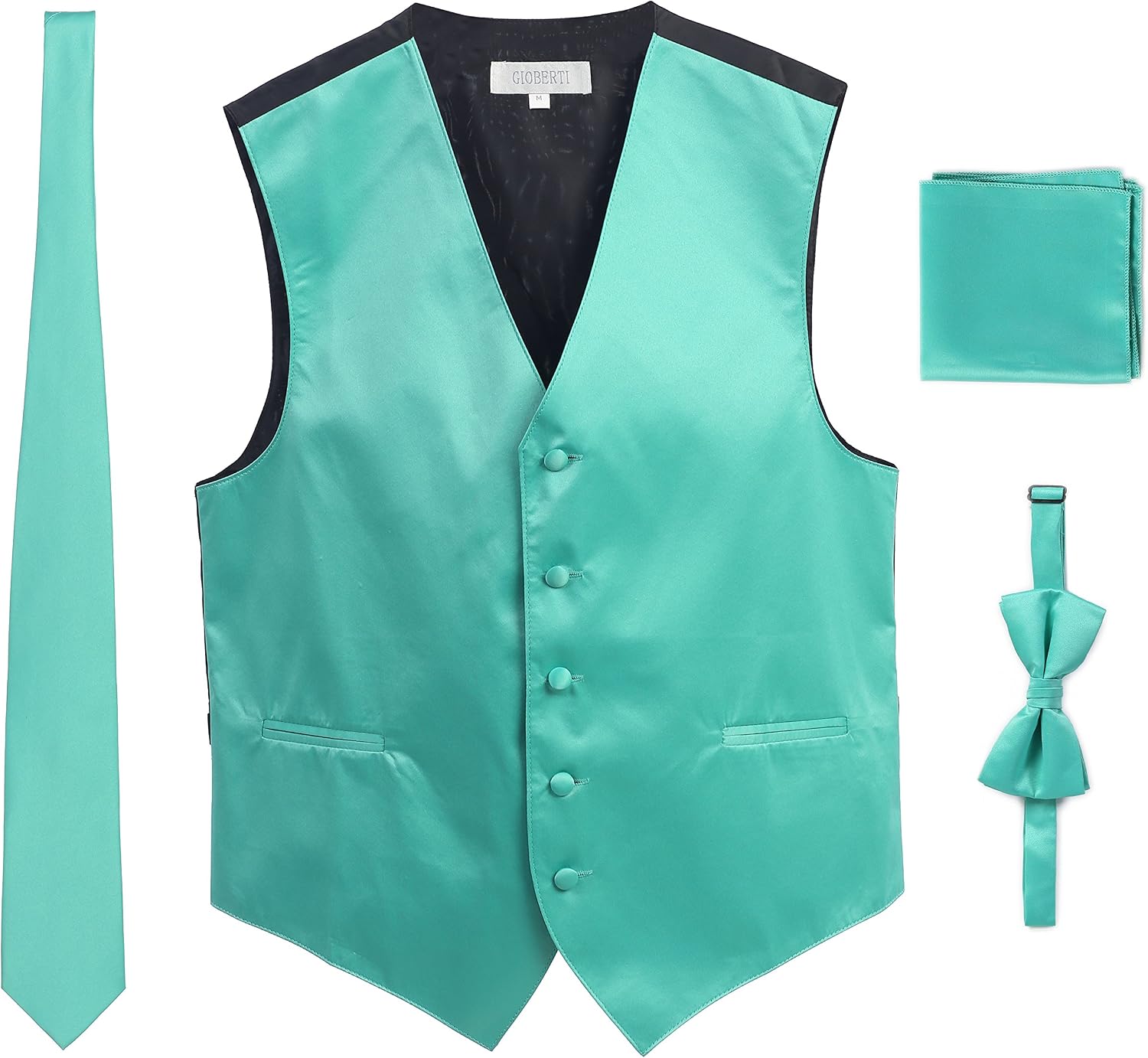 Gioberti Men's Formal 4pc Satin Vest Necktie Bowtie and Pocket Square