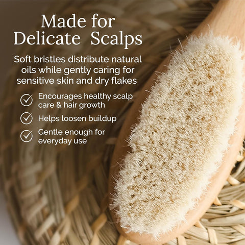 Natemia Wooden Baby Hair Brush - Natural Goat Hair Bristles - Gentle Soft Bristles for Scalp Massage - Cradle Cap Comb for Flake Removal - For Baby Grooming Kit & Toddler Hair Brush