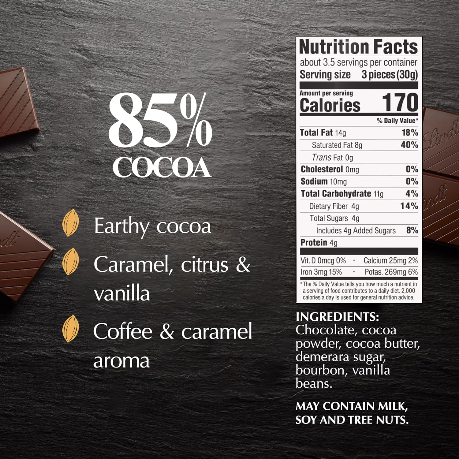 Lindt EXCELLENCE 85% Cocoa Dark Chocolate Candy Bar, 3.5 oz., 12 Pack