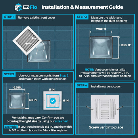 EZ-FLO 6 x 6 Inch (Duct Opening) Air Vent Cover for Wall or Ceiling, Four-Way Ventilation Register, Solid Steel HVAC Register Cover, White, 61617