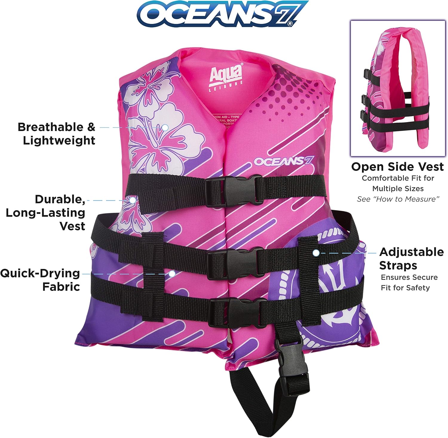 Aqua Oceans 7 Life Jacket for Kids - US Coast Guard Approved Life Vest for Infant, Child & Youth Boys and Girls, Open-Side PFD for Boating, Swimming & Water Sports