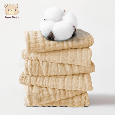 Ease Cubs 12 Pack Muslin Washcloths for Baby - 100% Cotton Baby Wash Cloths for or Baby Face Body Comfy and Soft for Newborn Infants Kids Girls and Boys - 12"x12" - Brown
