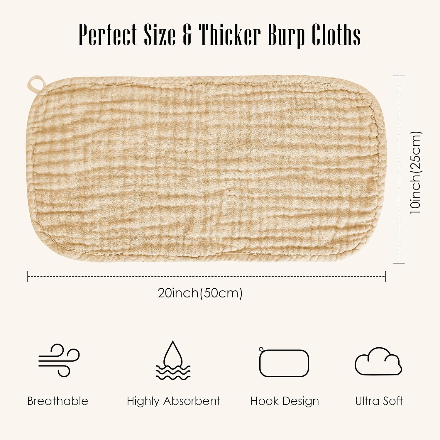 12 Pack Muslin Burp Cloths - Large 20" x 10", Ultra Absorbent 100% Cotton for Baby Drool and Messes - Soft, Gentle Baby Burp Rag for Boys & Girls -Brown