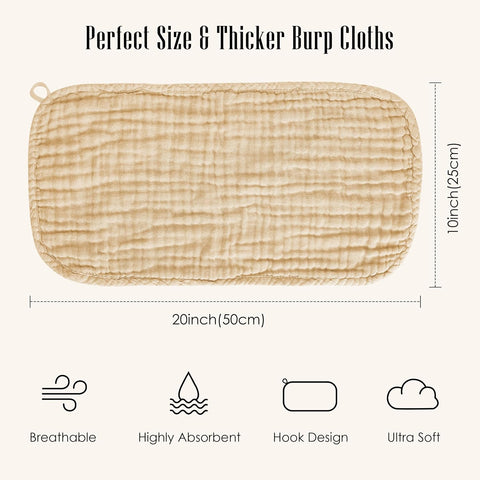 12 Pack Muslin Burp Cloths - Large 20" x 10", Ultra Absorbent 100% Cotton for Baby Drool and Messes - Soft, Gentle Baby Burp Rag for Boys & Girls -Brown