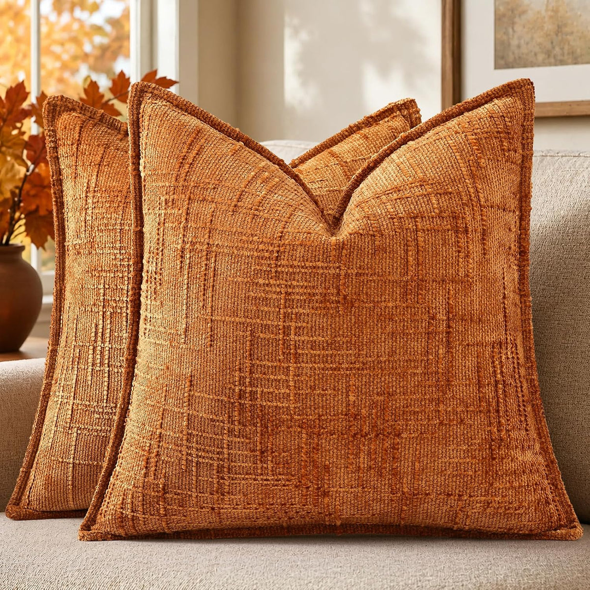 decorUhome Chenille Fall Throw Pillow Covers 20x20 Set of 2, Burnt Orange
