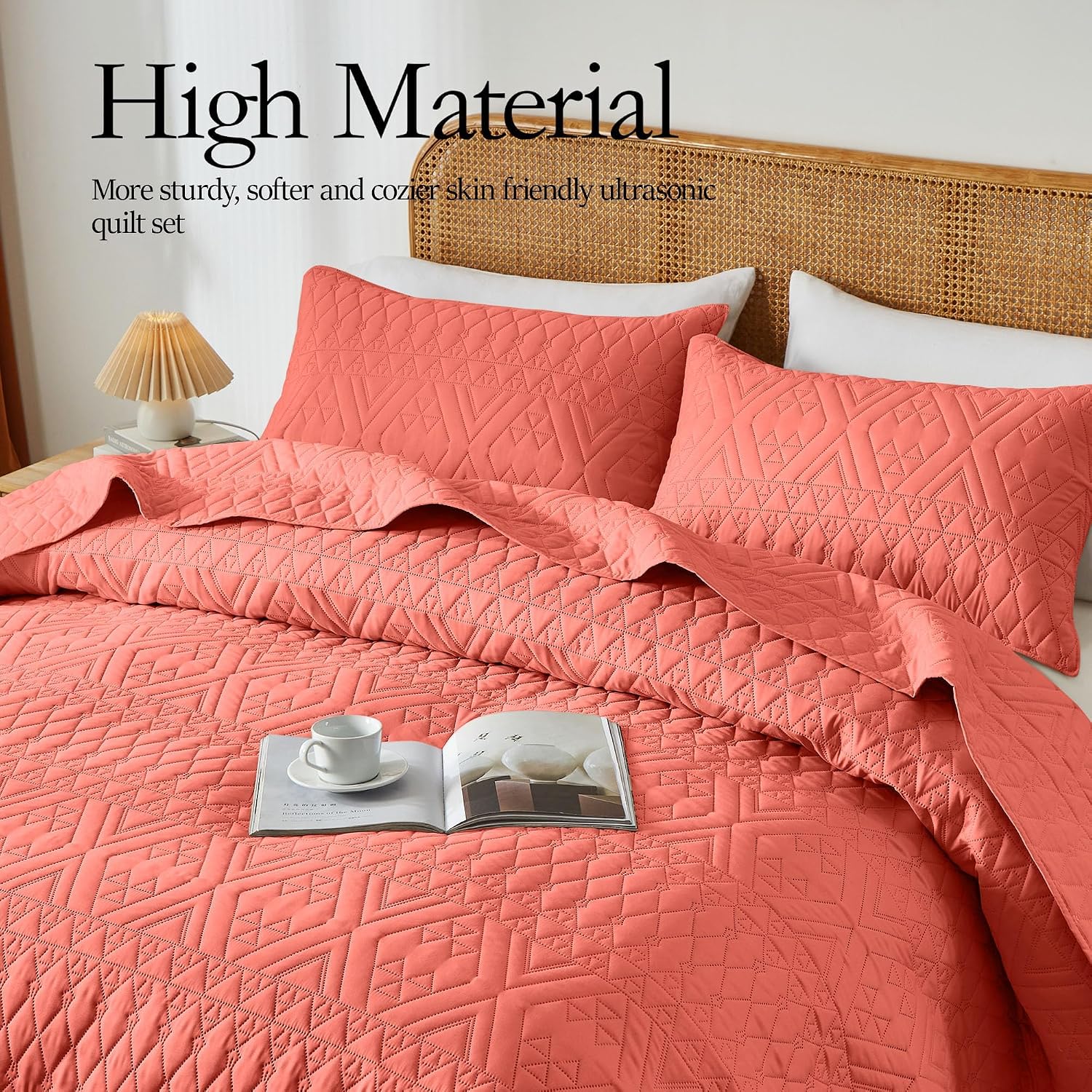 akkialla 118"x106" Coral California King Quilt Set, Oversized Floor-Length Bedspread, Boho Geometric Pattern Microfiber Coverlet, 3-Piece All Season Bedding with 2 Pillow Shams