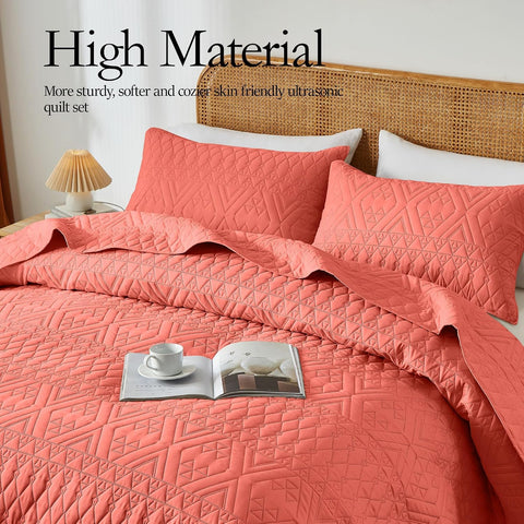 akkialla 118"x106" Coral California King Quilt Set, Oversized Floor-Length Bedspread, Boho Geometric Pattern Microfiber Coverlet, 3-Piece All Season Bedding with 2 Pillow Shams