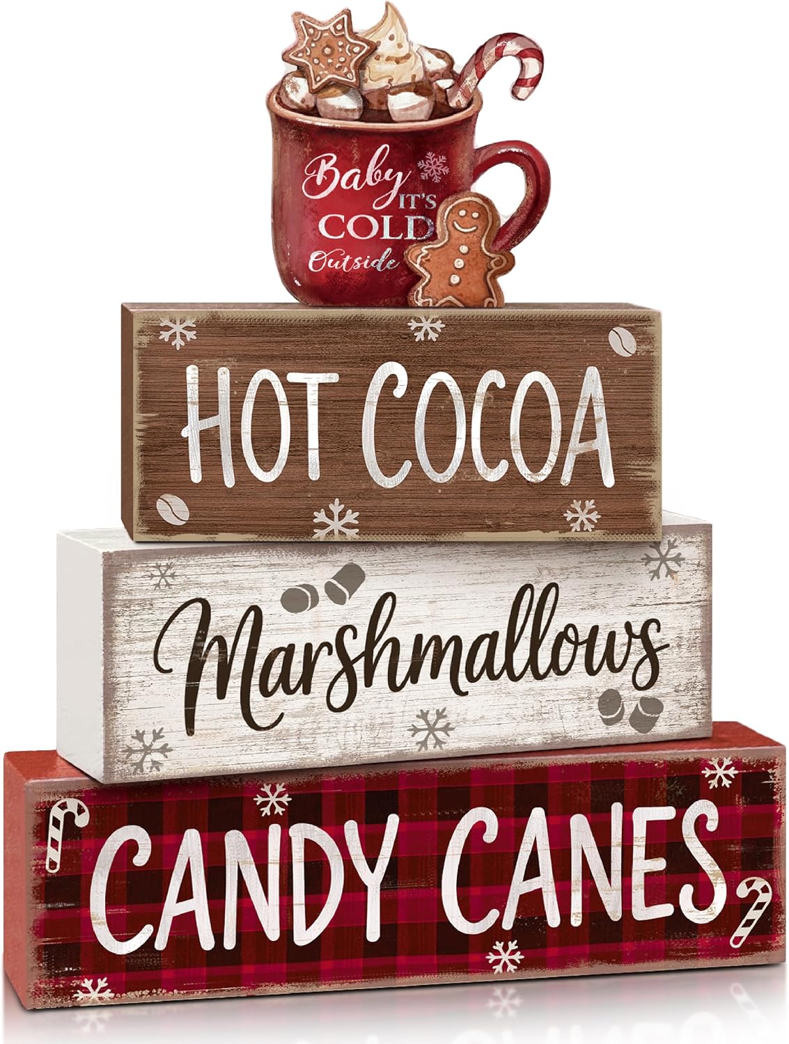4 Pcs Christmas Table Decorations, Wooden Hot Cocoa Decor Indoor