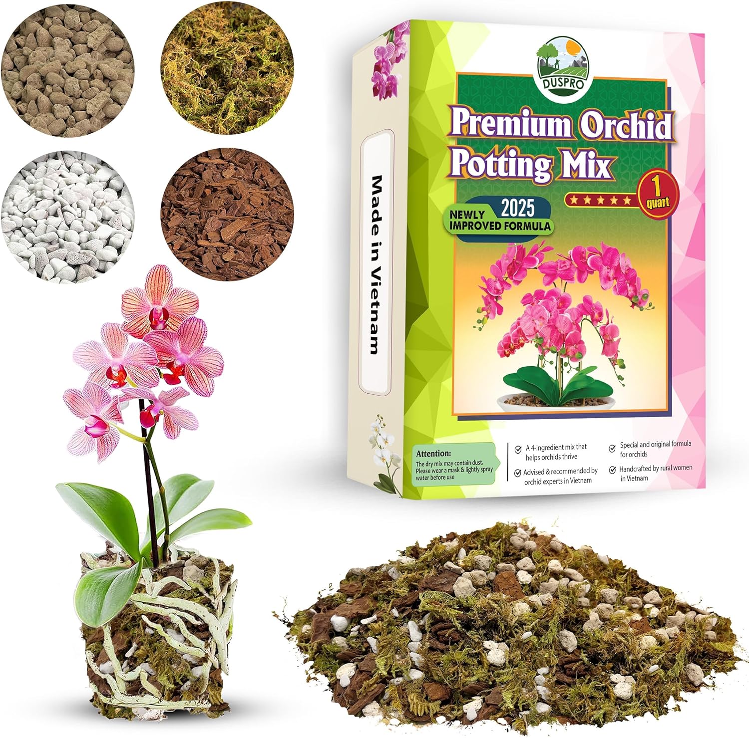 DUSPRO 4in1 Orchid Potting Mix for Repotting, Pre-Mixed & Ready to Use, 1QT