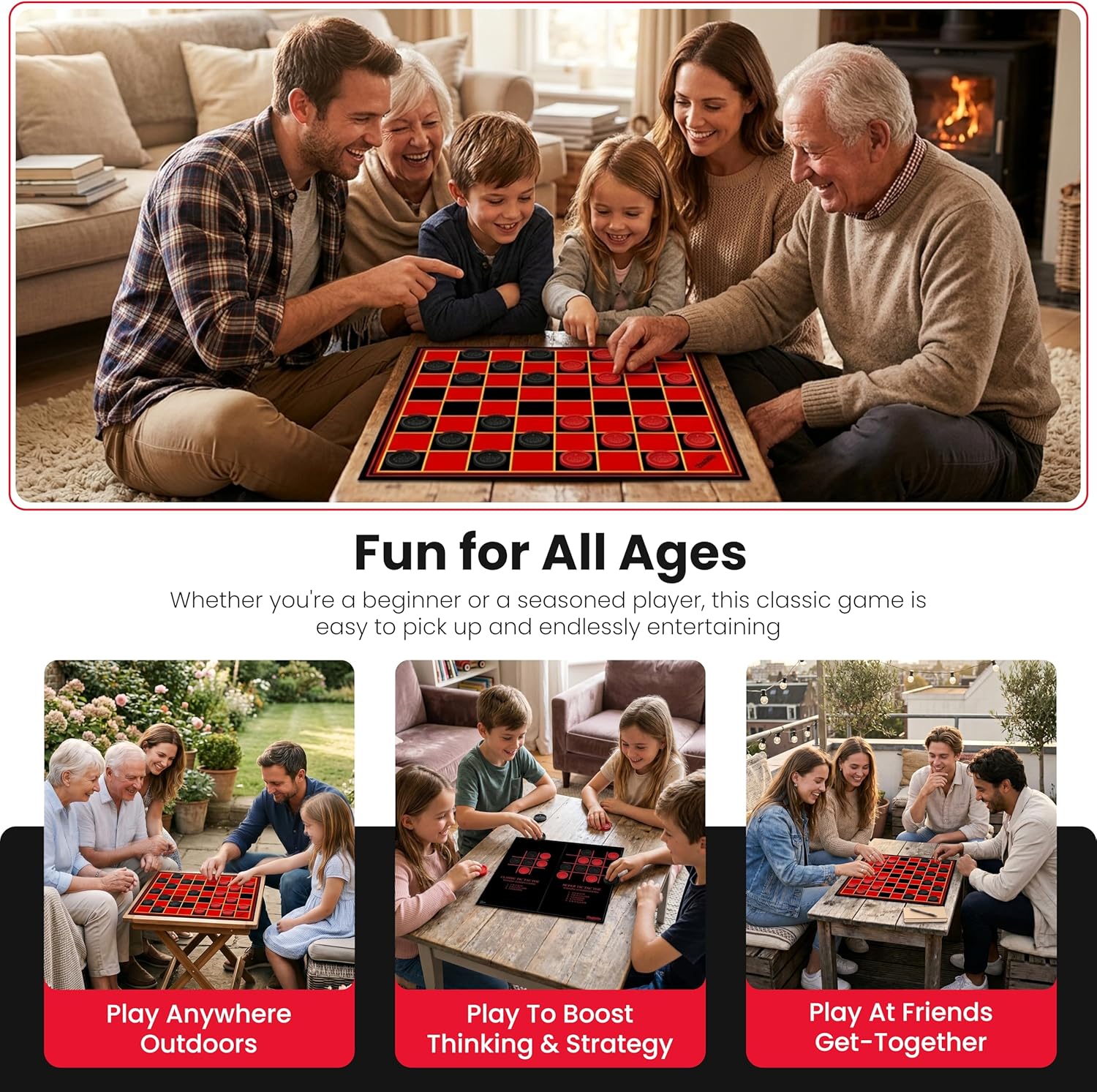 Kangaroo - Multiplayers Strategy Checker Board Game for Kids & Adults - Portable Educational Travel Cardboard Checkers - Includes Large Board w/ 24 Checkers (12 Red and 12- Black) 15x15 Inches