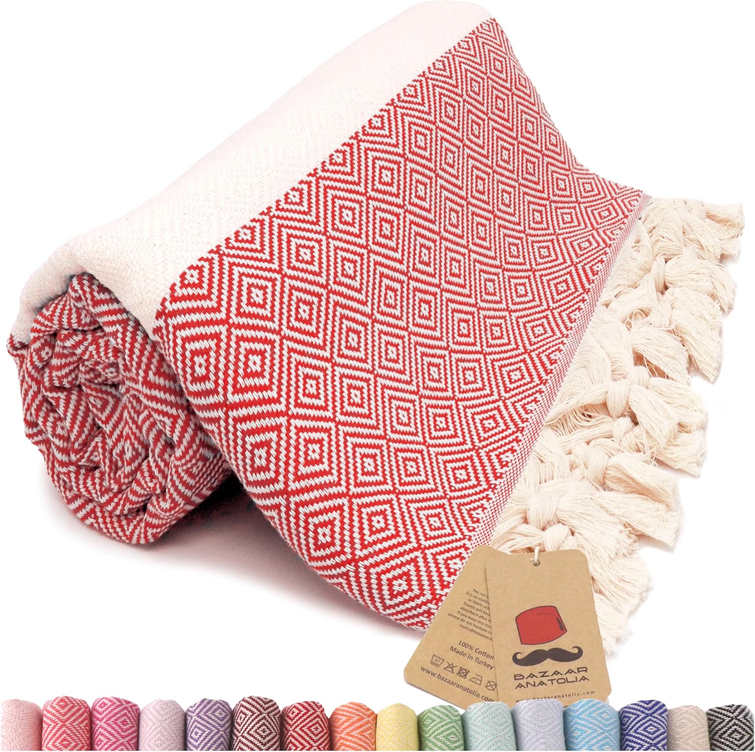 Bazaar Anatolia Turkish Beach Towel, 100% Cotton, 71x39 in, Diamond Red