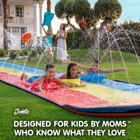 JAMBO Premium Triple Water Slide with 3 Bodyboards, 20Ft Heavy Duty Slip Splash and Slides-Advanced 3-Way Sprinkler System, Splash Pad Mat Backyard Summer Outdoor Water Toys n Long Slides for Kids