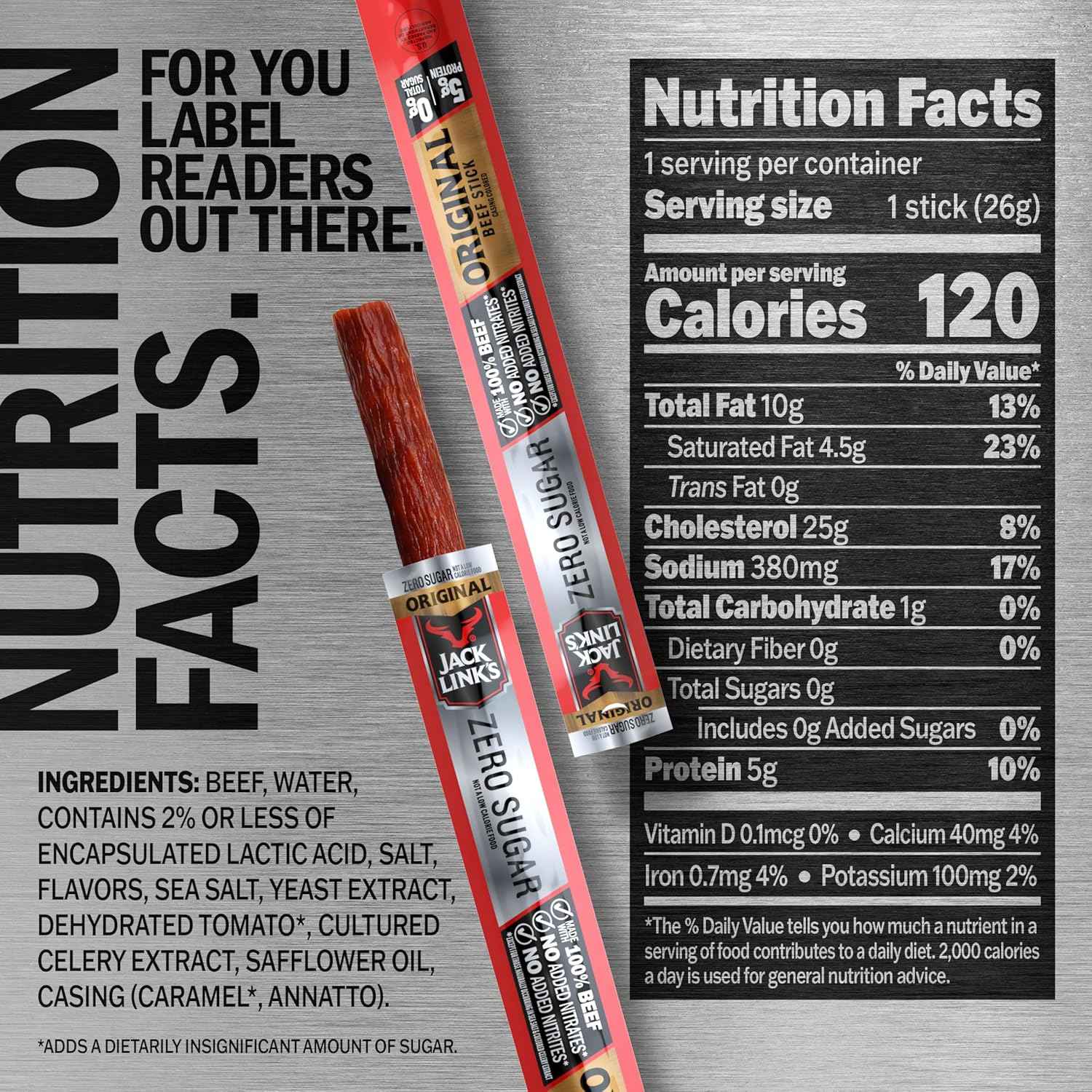 Jack Link's Original Zero Sugar Beef Sticks - (20 Pack) 0.92 oz Meat Sticks - Ready to Eat Protein Snacks - 5g Protein per Serving - Made with 100% Real Beef
