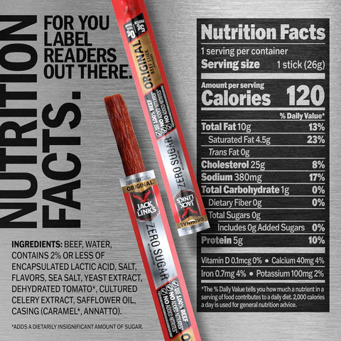 Jack Link's Original Zero Sugar Beef Sticks - (20 Pack) 0.92 oz Meat Sticks - Ready to Eat Protein Snacks - 5g Protein per Serving - Made with 100% Real Beef