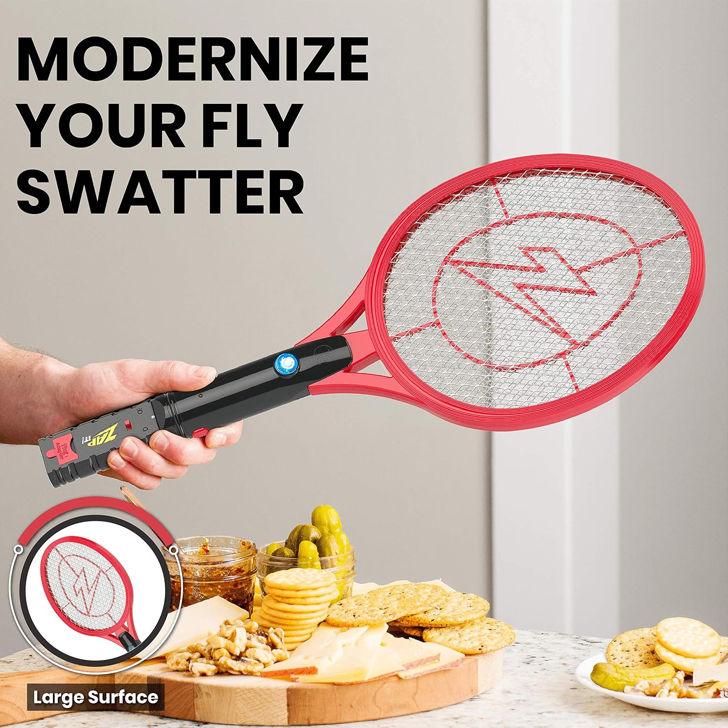 ZAP IT! Rechargeable Electric Fly Swatter Racket - 4,000-Volt Mosquito Zapper with USB Charging Cable and LED Light -Small- Safe 3-Layer Mesh, Red, 2-Pack, Bug Zapper Racquet for Indoors and Outdoors
