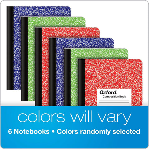 Oxford Composition Notebook 6 Pack, College Ruled Paper, 9-3/4 x 7-1/2 Inches, 100 Sheets, Assorted Marble Covers. 2 Each: Blue, Green, Red (63763)
