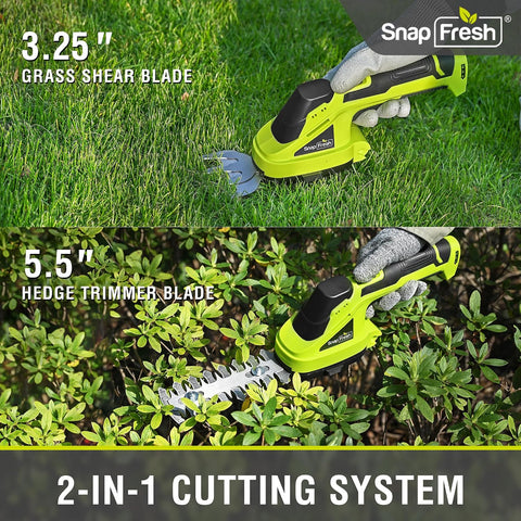 SnapFresh Cordless Grass Shear Bush Trimmer, 2 in 1 Handheld Hedge Trimmer, 7.2V Electric Grass Trimmers, Lightweight Shrubbery Trimmers Battery & Charger Included, Shrub Trimmer for Garden(Green)
