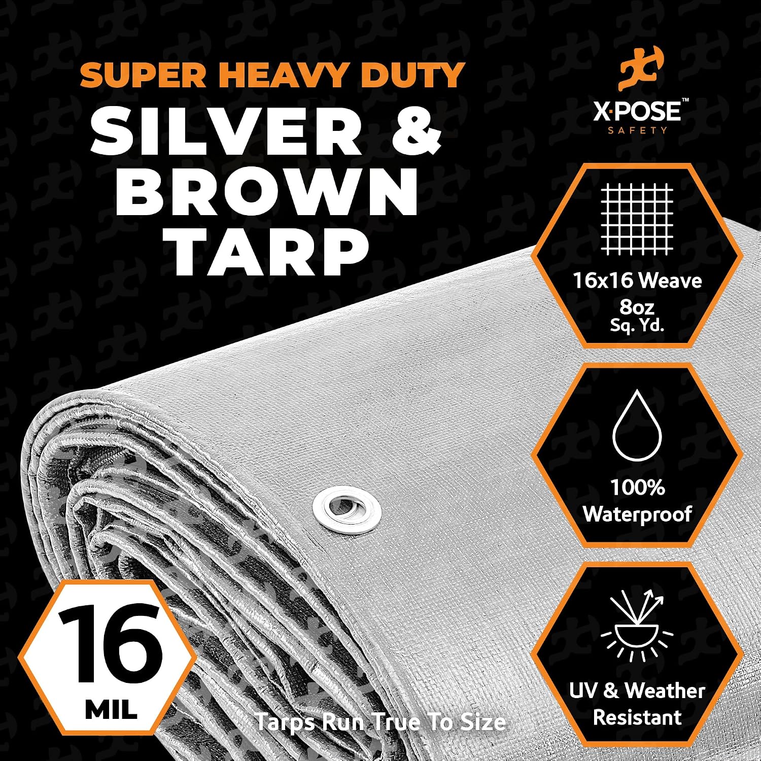 12' x 16' Super Heavy Duty 16 Mil Silver/Brown Poly Tarp Cover - Thick Waterproof, UV Resistant, Rip and Tear Proof Tarpaulin with Grommets and Reinforced Edges - by Xpose Safety