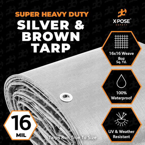 12' x 16' Super Heavy Duty 16 Mil Silver/Brown Poly Tarp Cover - Thick Waterproof, UV Resistant, Rip and Tear Proof Tarpaulin with Grommets and Reinforced Edges - by Xpose Safety