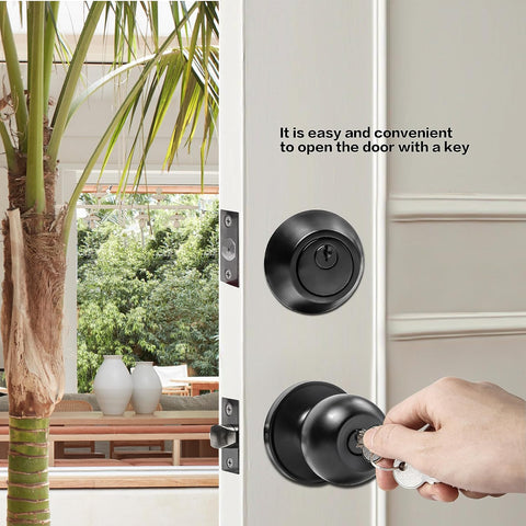 Value Pack Door Lock with Key and Deadbolt, Keyed Alike Exterior Door Handle Set for Front and Entry Doors, Matte Black Finish, 3 Pack
