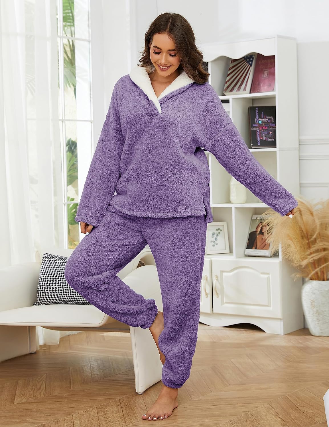 UANEO Womens Fluffy Pajamas Set Soft Fleece Pullover Pants Loose Sleepwear Loungewear Set