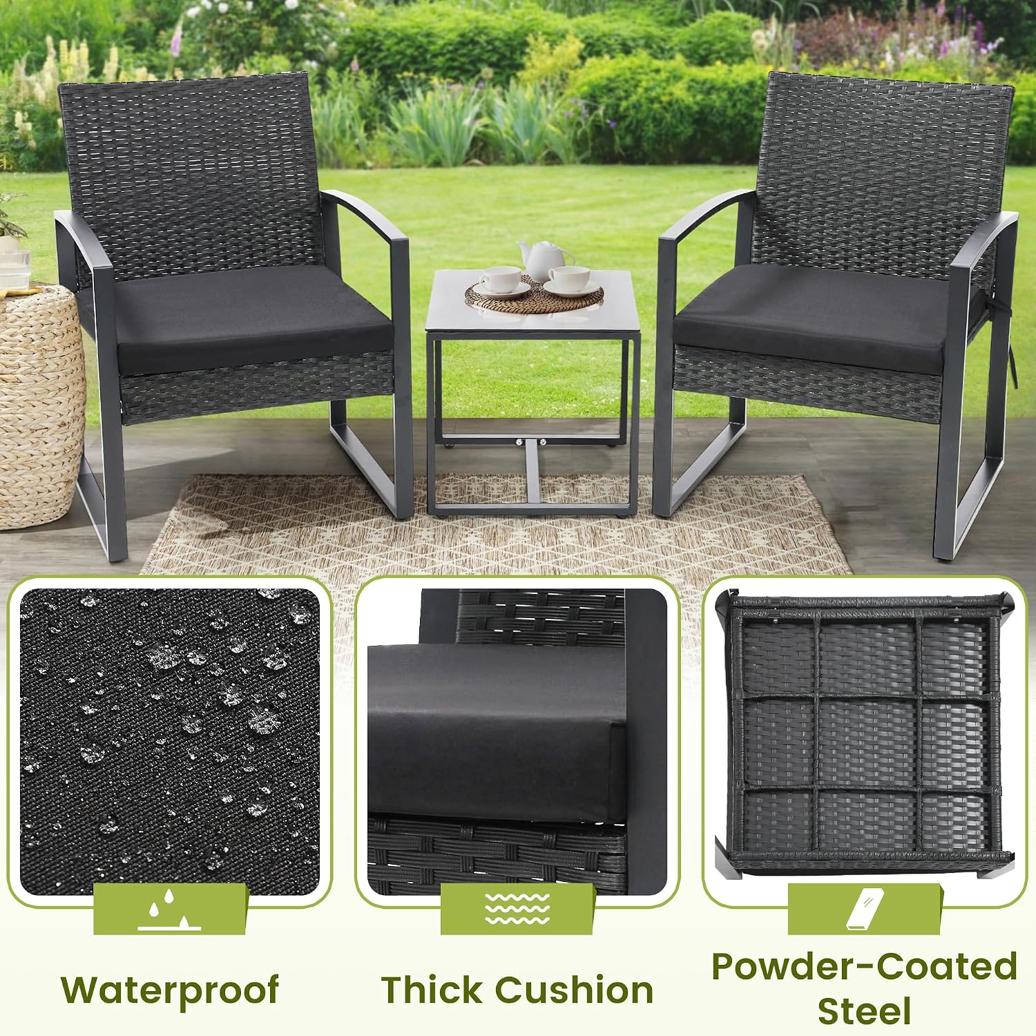 Murago Outdoor 3-Piece Wicker Bistro Set, Patio Conversation Set