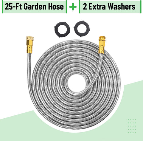 UNCO- Metal Garden Hose, 25 Feet Stainless Steel, No Kink, Lightweight