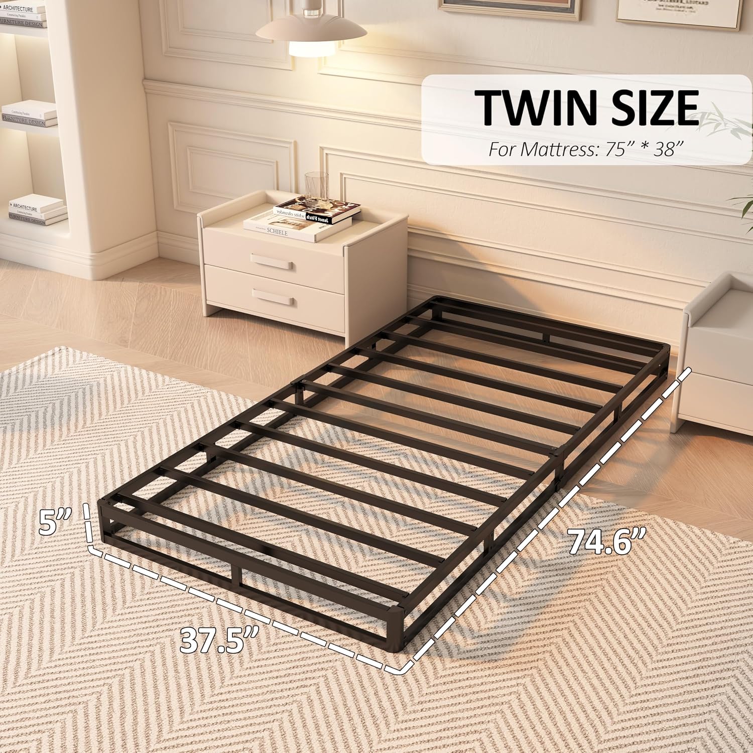YORMDMO 5 Inch Box Spring, Twin Size Box Springs with Fabric Cover, Heavy Duty Metal Low-Profile Foundations Easy Assembly 3000 lbs Capacity