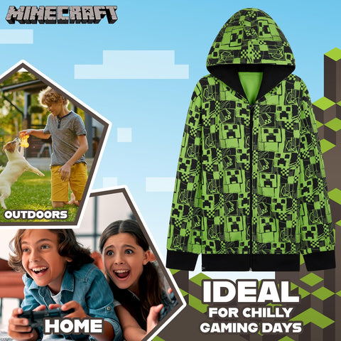 Minecraft Boys Hoodies - Reversible Hooded Sweatshirt for Kids Teenagers 5-14 Years Warm Zip up Hoodie Gamers Gifts