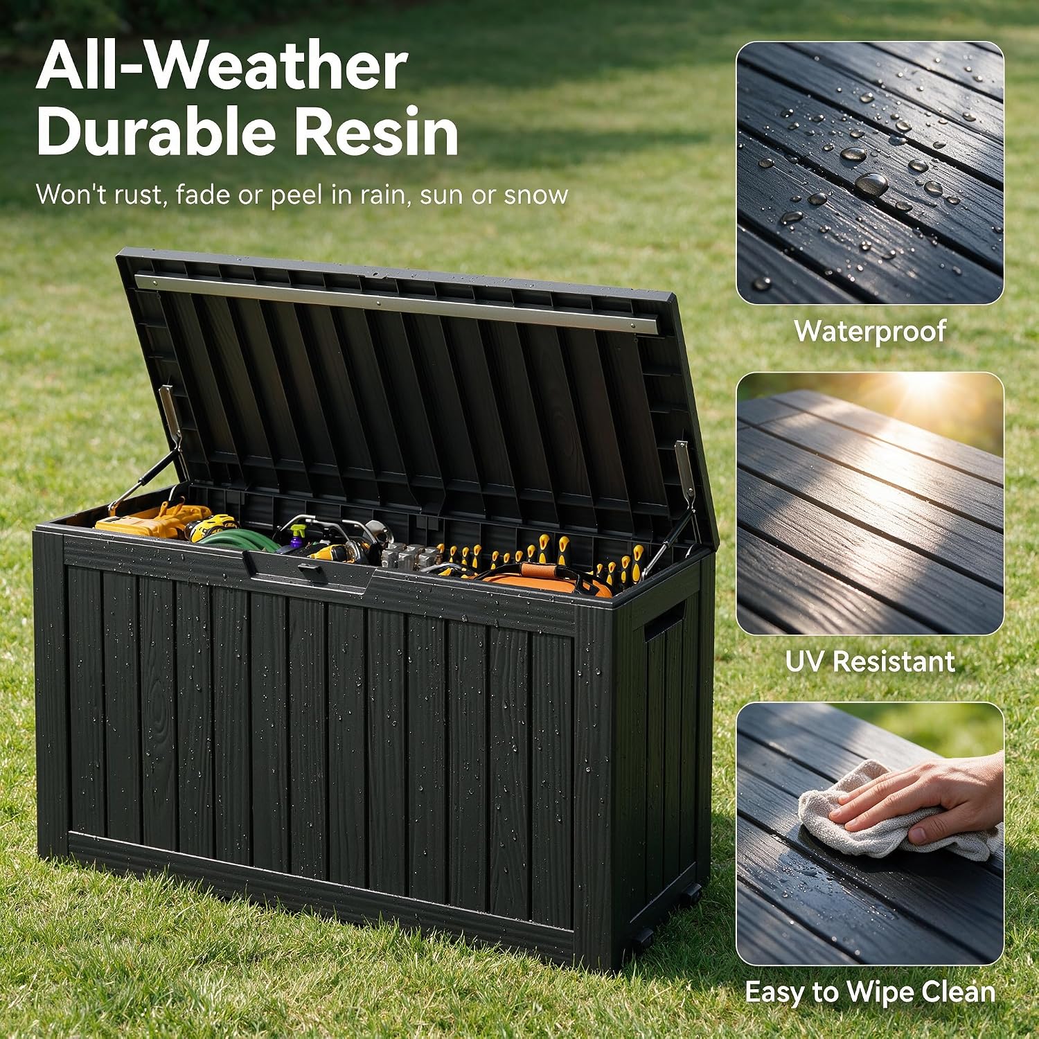 90 Gal Deck Box,Waterproof Resin Outdoor Storage Gas Lift,Lockable Black