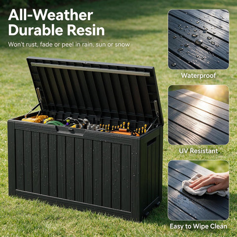 90 Gal Deck Box,Waterproof Resin Outdoor Storage Gas Lift,Lockable Black