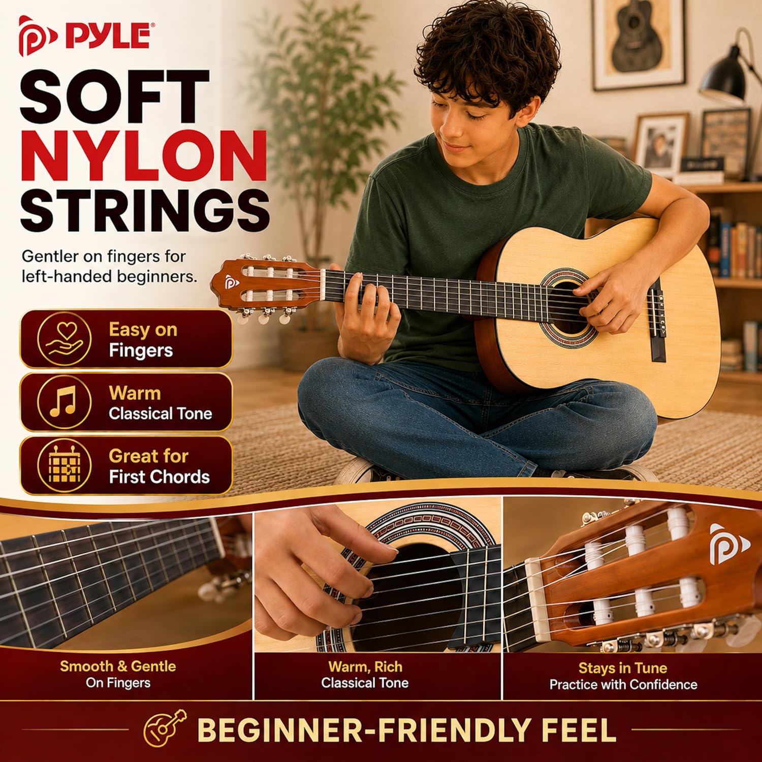 Pyle 36-Inch Left-Handed Classical Acoustic Guitar Kit, 3/4 Size Junior Nylon String Guitar for Kids and Adults, Includes Gig Bag, Strap, Spare Strings, Picks, Cleaning Cloth, 18 Frets, Gloss Finish