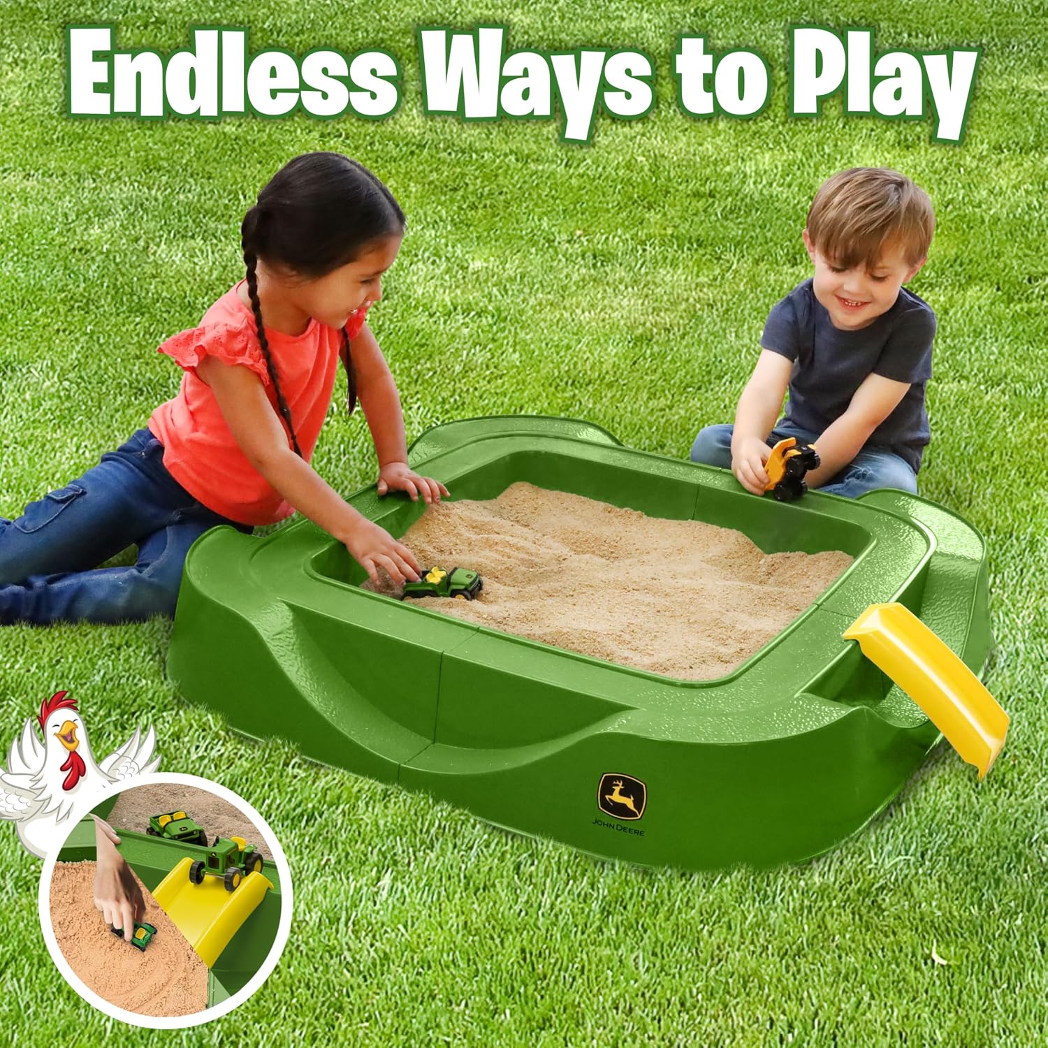John Deere Sandbox Playset with Protective Cover, Includes 5 Realistic Trucks & Tractors, Perfect Outdoor Sand Toy for Kids, Imaginative Play & Active Backyard Fun