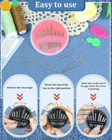 30-Count Steel Sewing Needles for Hand Sewing, 6 Sizes Large Eye Embroidery and Hand Quilting Needles Kit with Threaders for Art & Craft Projects（Pink）