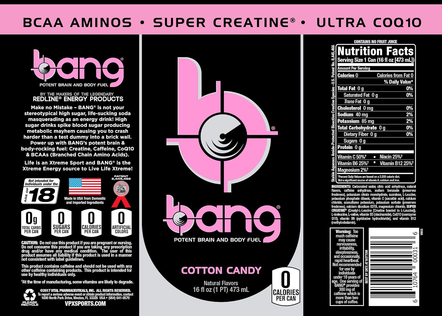 Bang Energy Cotton Candy, Sugar-Free Energy Drink, 16-Ounce | Pack of 12