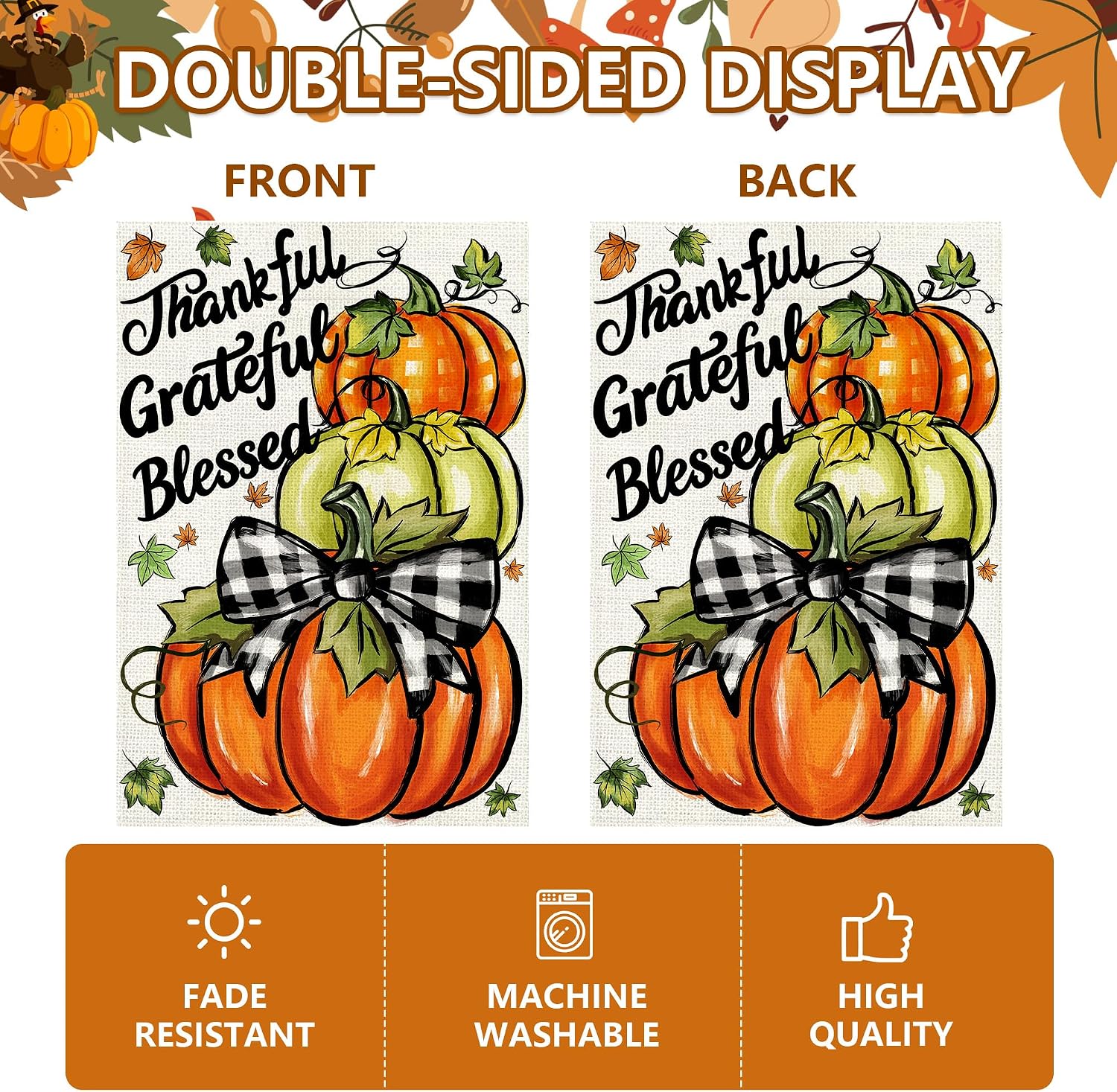 Thanksgiving Garden Flag 12x18 In, Pumpkin with"Thankful Grateful Blessed"