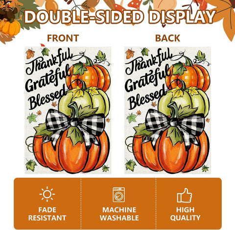 Thanksgiving Garden Flag 12x18 In, Pumpkin with"Thankful Grateful Blessed"