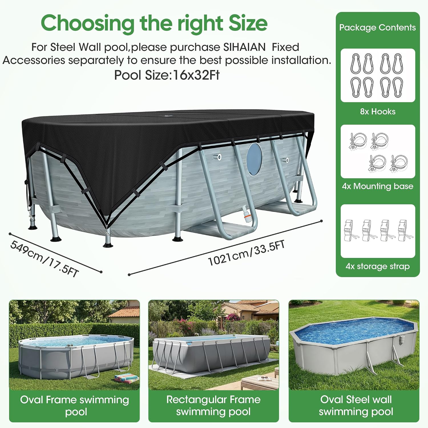 SIHAIAN 16x32Ft Oval Pool Cover Patented Design Four-Corner Locking 500D Rectangular and Oval Pool Cover, Prevent Water Accumulation Pool Cover for Oval Above Ground Pool with 4 Storage Straps