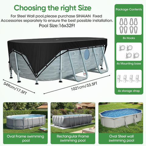 SIHAIAN 16x32Ft Oval Pool Cover Patented Design Four-Corner Locking 500D Rectangular and Oval Pool Cover, Prevent Water Accumulation Pool Cover for Oval Above Ground Pool with 4 Storage Straps